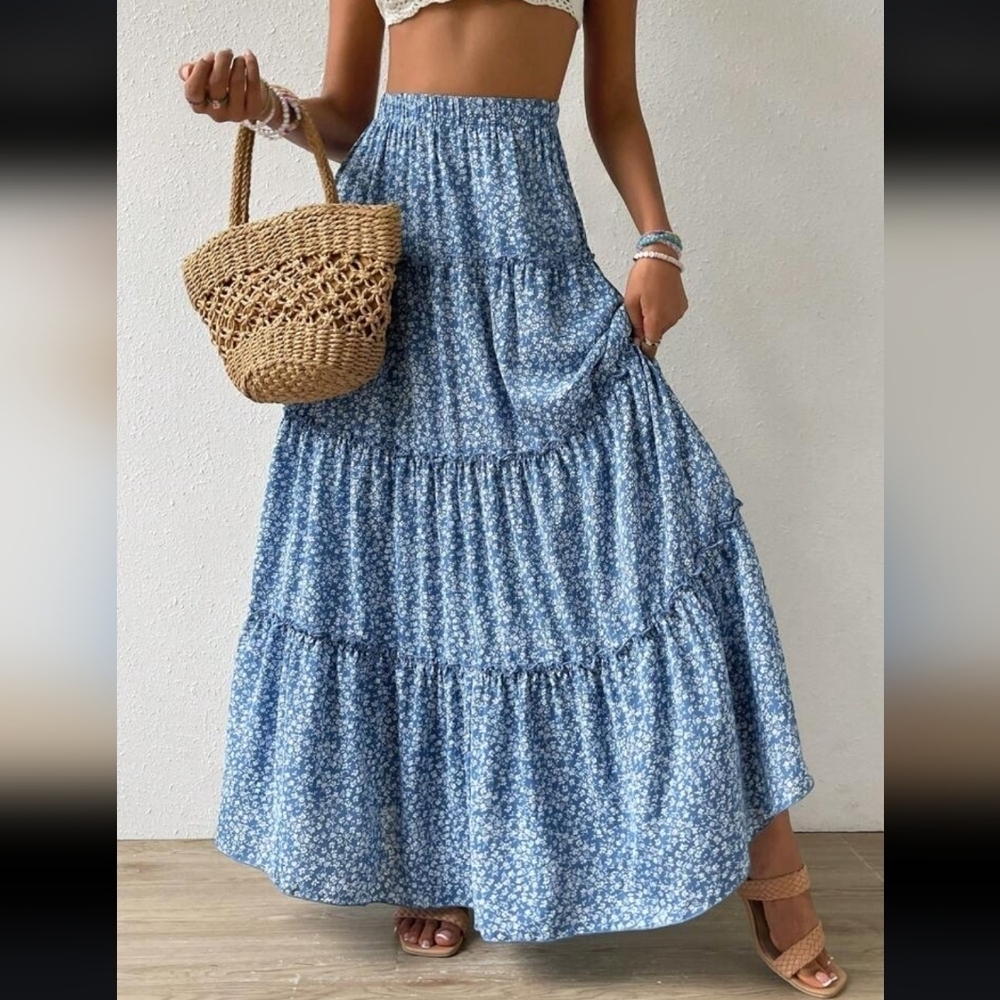 Boho Floral Tiered Maxi Skirt - Blue